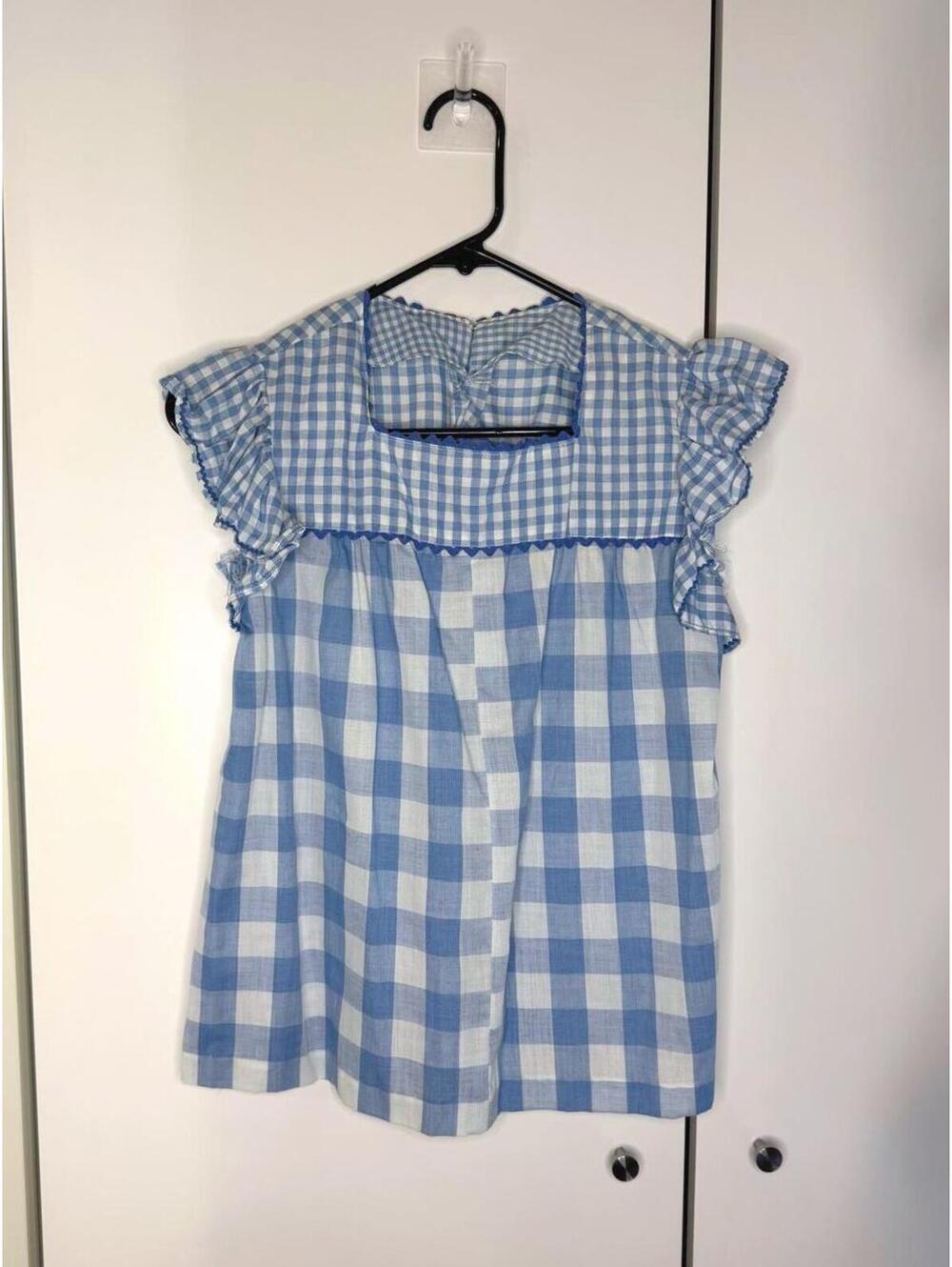 Vintage Handmade Blue and White Gingham Check Blouse with Ruffle Sleeves